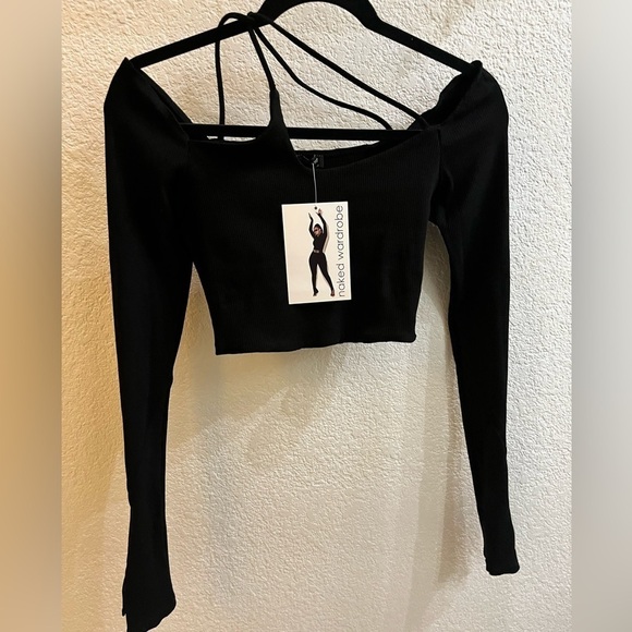 NEW Naked Wardrobe Black Long Slitted Sleeve Snatched Cross Strap Crop Top - Picture 4 of 7